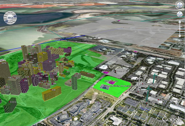 Building landed adjacent to Googleplex. Energy generators such as wind turbines and biofuel farms shown on lower right