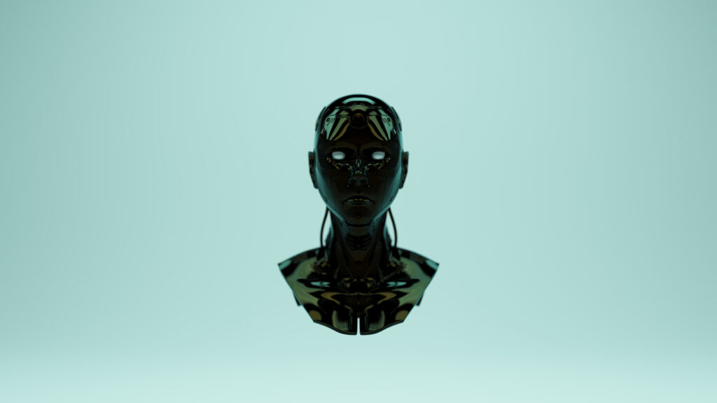 Shiny Black Cyborg Artificial Intelligence Cyberpunk Bust Sci Fi AI Robot Reflection 3d illustration render