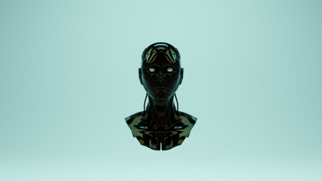 Shiny Black Cyborg Artificial Intelligence Cyberpunk Bust Sci Fi AI Robot Reflection 3d illustration render