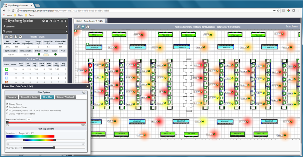 Nlyte Machine Learning - Room Overlay with Filter Options box - Heat Map 