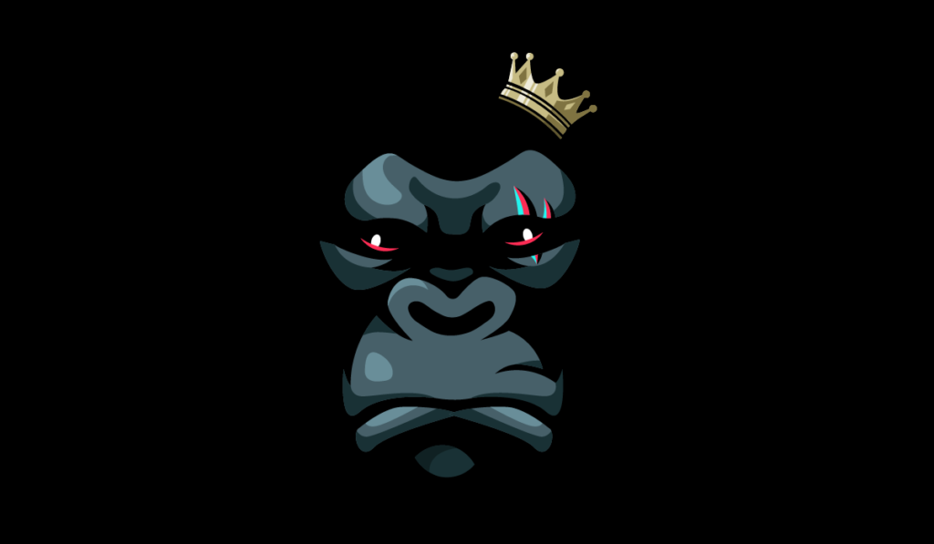 angry gorilla with small crown on head