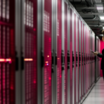A bugundy and grey data center with the image of a female data center professional facing one of the racks.