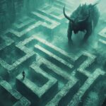 A maze with a person navigating it and a minotaur visible.