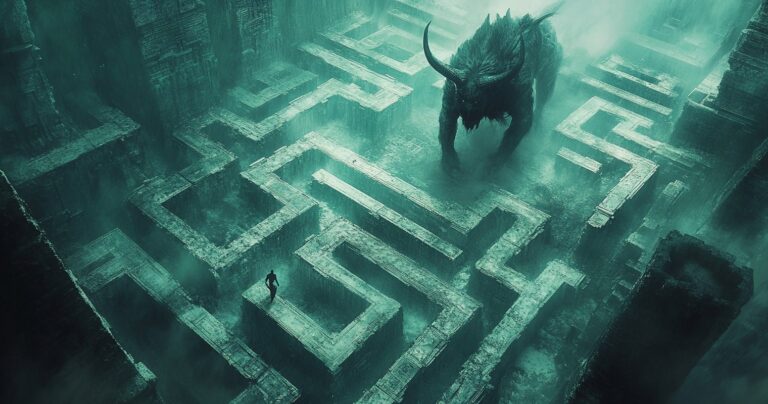 A maze with a person navigating it and a minotaur visible.