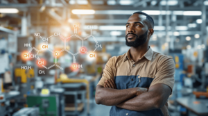 Facilities manager looking toward a better future with a chemical molecule overlay representing a free radical in both chemistry and in building operations.