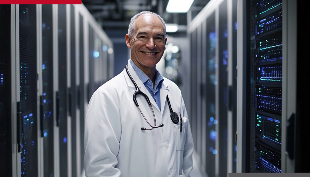 A doctor in a lab coat standing in a data center