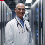 A doctor in a lab coat standing in a data center