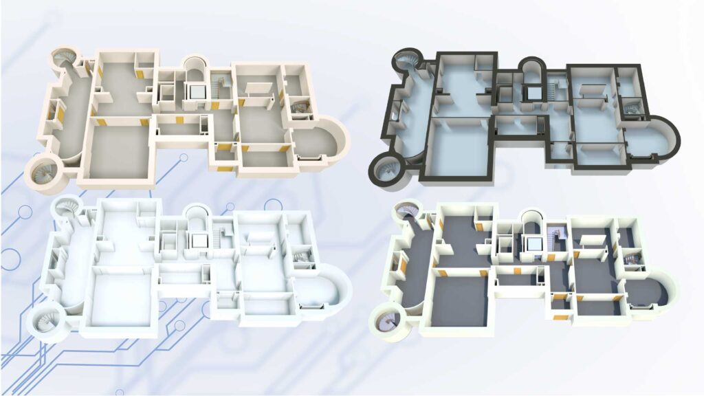 A collage of four different 3D floor plan renderings for a large building, demonstrating various custom design and color options.