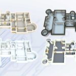 A collage of four different 3D floor plan renderings for a large building, demonstrating various custom design and color options.