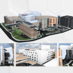A collage of 3D architectural renderings of a large hospital campus, with a main isometric view of the entire site at the top and three detailed close-up images of individual buildings below.