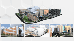 A collage of 3D architectural renderings of a large hospital campus, with a main isometric view of the entire site at the top and three detailed close-up images of individual buildings below.