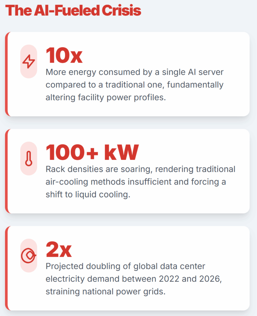 The AI-Fueled Crisis
10x

More energy consumed by a single AI server compared to a traditional one, fundamentally altering facility power profiles.

100+ kW

Rack densities are soaring, rendering traditional air-cooling methods insufficient and forcing a shift to liquid cooling.

2x

Projected doubling of global data center electricity demand between 2022 and 2026, straining national power grids.