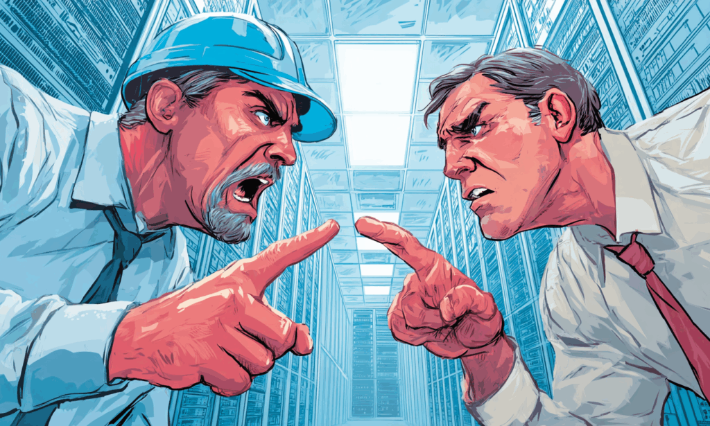 An angry Facility Manager pointing and yelling at an angry IT Operations manager in a data center.