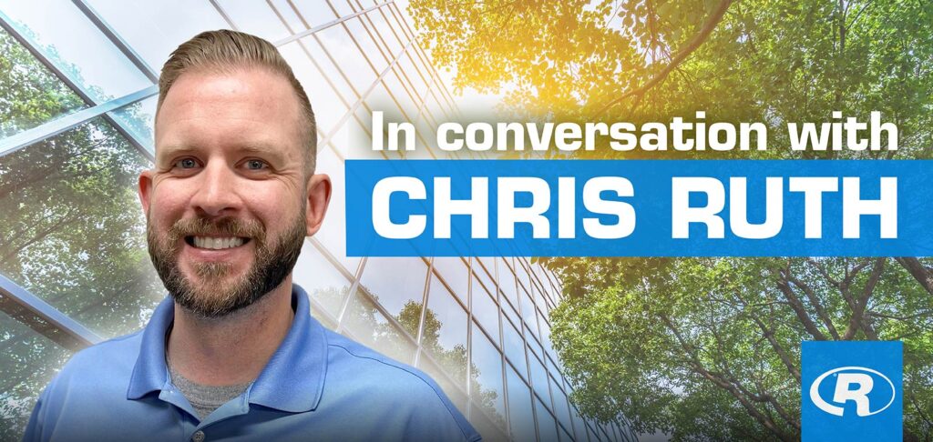 Portrait of Chris Ruth with “In conversation with” headline over a glass building and trees background.