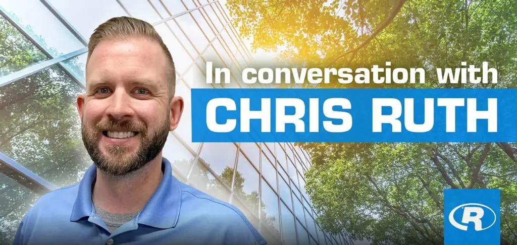 Portrait of Chris Ruth with “In conversation with” headline over a glass building and trees background.