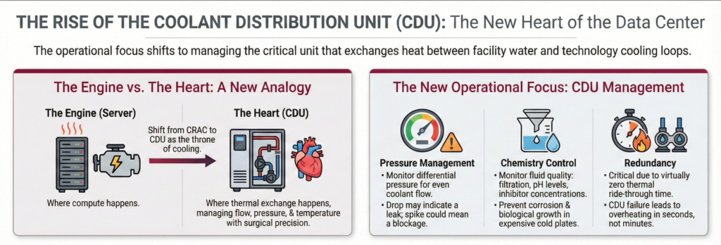 The Rise of the Coolant Distribution Unit (CDU)
If the server is the engine, the Coolant Distribution Unit (CDU) is the heart.
In an air-cooled world, the CRAC unit was the king. In a liquid-cooled world, the CDU takes the throne. These units are responsible for exchanging heat between the facility water loop (FWS) and the technology cooling system (TCS) that goes into the rack. They manage flow rate, pressure, and temperature with surgical precision.
A trending operational focus is the installation and management of CDUs and the plumbing infrastructure required to bring liquid to the rack. This is where the rubber meets the road—or rather, where the water meets the chip.
Managing a CDU is fundamentally different from managing a CRAC.
•	Pressure Management: You are now monitoring differential pressure to ensure coolant flows evenly across all nodes. A drop in pressure could indicate a leak; a spike could indicate a blockage.
•	Chemistry Control: The quality of the fluid matters. Filtration, pH levels, and inhibitor concentrations must be monitored to prevent corrosion or biological growth inside the expensive cold plates.
•	Redundancy: If a CDU fails, the rack overheats in seconds, not minutes. The thermal ride-through time of a liquid-cooled rack is virtually zero compared to the thermal mass of an air-cooled hall.
This shift places CDUs at the center of the DCIM (Data Center Infrastructure Management) conversation. You cannot manage the liquid cooling mandate with spreadsheets and clipboard walkthroughs. You need real-time telemetry from these CDUs integrated into a unified management platform.
