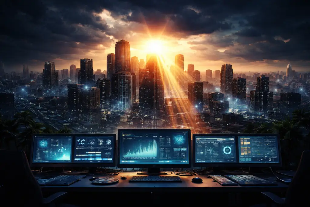 Image of a skyline with smart buildings with the dawn of a new beginning of AI