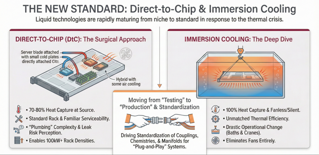 Direct-to-Chip & Immersion: The New Standard
The industry's response to this thermal crisis has been a rapid maturation of liquid technologies. What was once niche is now standard.
Direct-to-Chip (DtC): The Surgical Approach
Direct-to-chip, or cold plate cooling, is currently the dominant form of this transition. By routing liquid directly to the hottest components—the CPU and GPU—we can capture 70-80% of the heat at the source. This allows facilities to push rack densities well past the 100kW mark while still utilizing some air cooling for the remaining low-heat components (like memory and storage).
DtC is favored because it feels familiar. It fits into standard racks and allows for serviceability that technicians recognize. However, it introduces a new complexity: the "plumbing" of the server. The risk of leaks, while statistically low with modern couplers, changes the psychological landscape of the data center floor.
