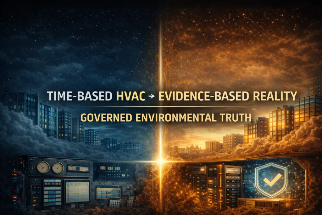 Cinematic split-image header illustrating transition from time-based HVAC to evidence-based environmental governance, with industrial control room on the left and verified data environment on the right.