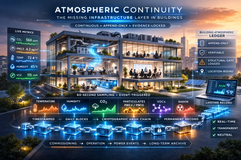 Technical illustration of a commercial building with continuous atmospheric data recorded as sealed daily blocks in an append-only environmental ledger.