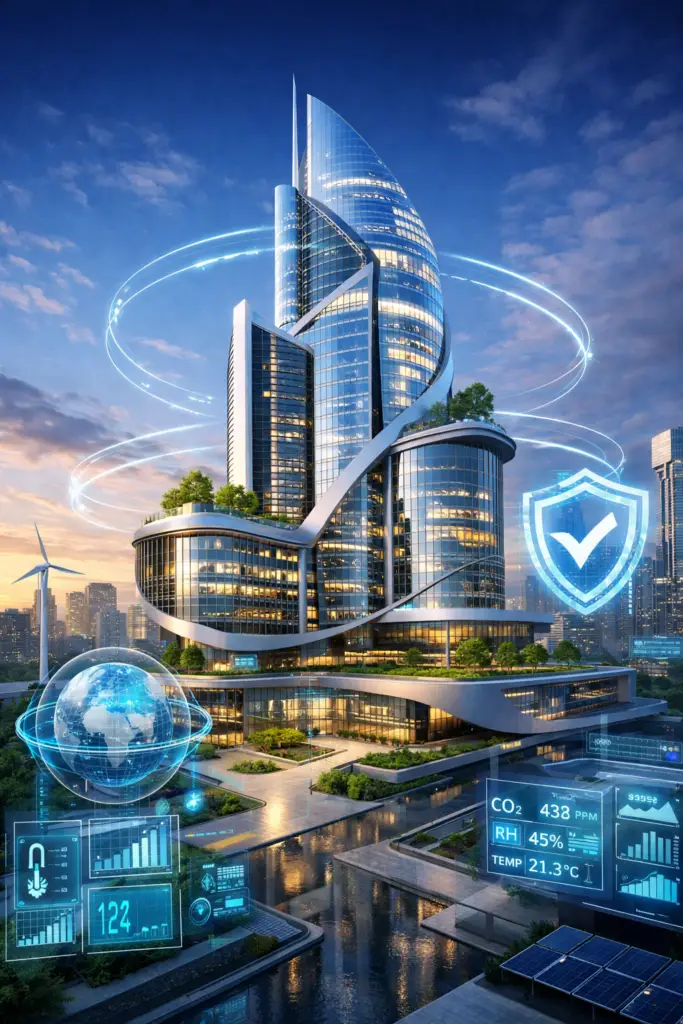 Futuristic automated high-rise building with layered digital environmental data, atmospheric monitoring overlays, and governance shield symbol representing Environmental Integrity Governance infrastructure.