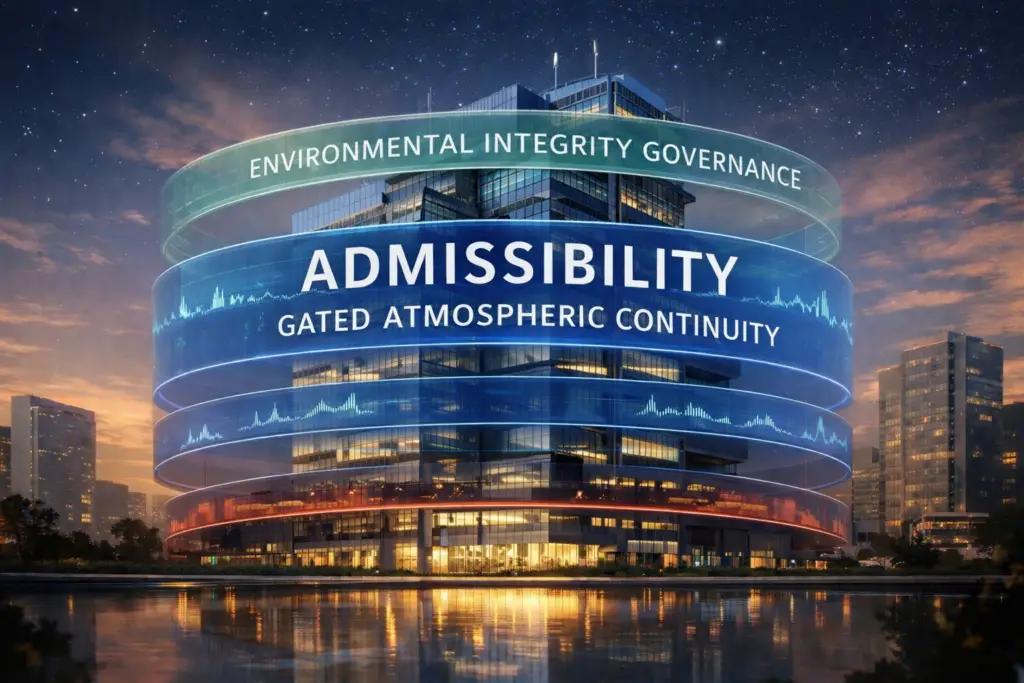 Clinical architectural rendering of an automated building surrounded by layered atmospheric bands labeled Environmental Integrity Governance and Admissibility, illustrating governance-layer separation from operational optimization.