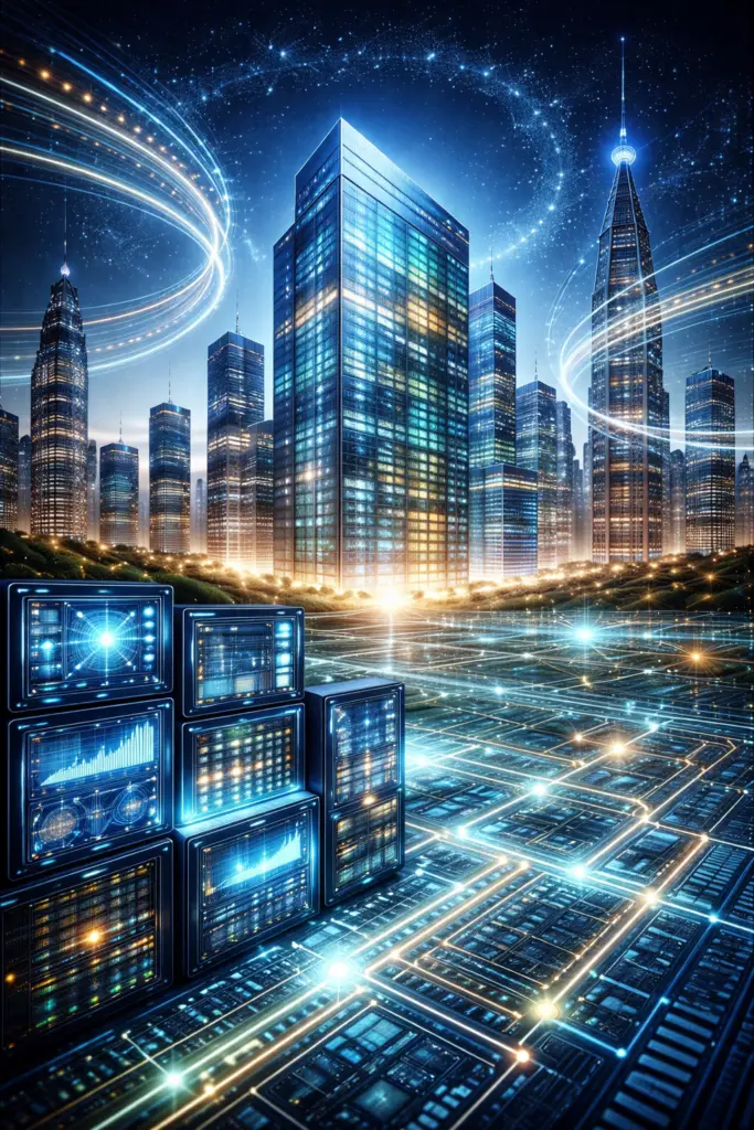 Futuristic city skyline with illuminated high-rise buildings connected by glowing energy and data lines, with digital control screens in the foreground displaying energy and performance metrics, symbolizing building-level energy-to-outcome verification in an AI-driven grid.