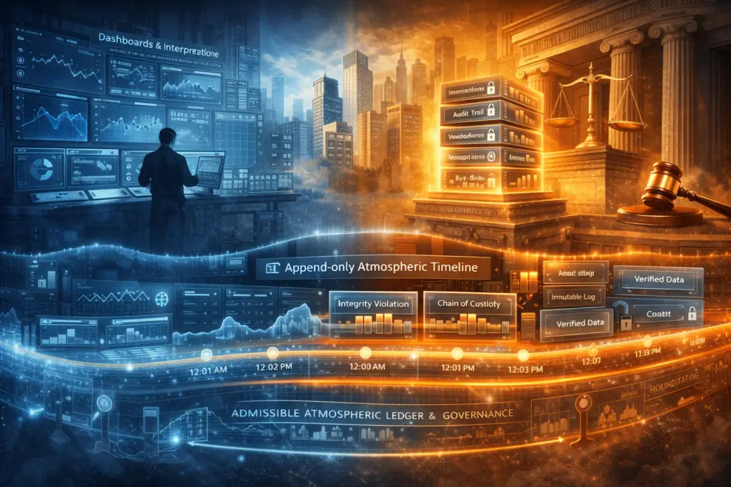 Conceptual illustration showing the evolution of automated buildings from real-time dashboards to an append-only atmospheric ledger with chain-of-custody controls and admissible evidence governance.