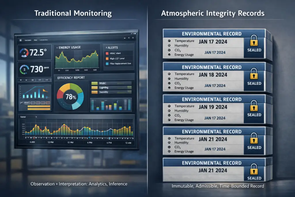Side-by-side comparison of Traditional Monitoring dashboards versus Atmospheric Integrity Records, showing analytics and alerts on the left and sealed, time-bounded environmental records listing Temperature, Humidity, CO₂, and Energy Usage on the right.