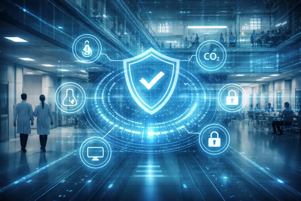 Split-layer hospital visualization showing operational clinical activity above and a continuous, append-only 24-hour atmospheric data timeline beneath, representing environmental continuity as infrastructure.