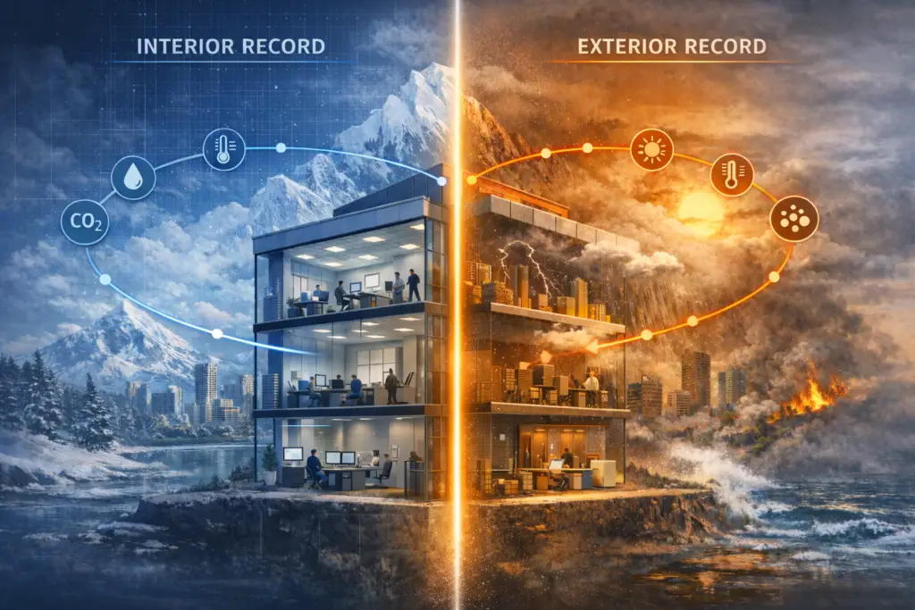 Split-view illustration of a modern building showing synchronized exterior and interior atmospheric records separated by a luminous boundary line, depicting outdoor climate volatility and indoor environmental stability as a continuous cause-and-effect system.