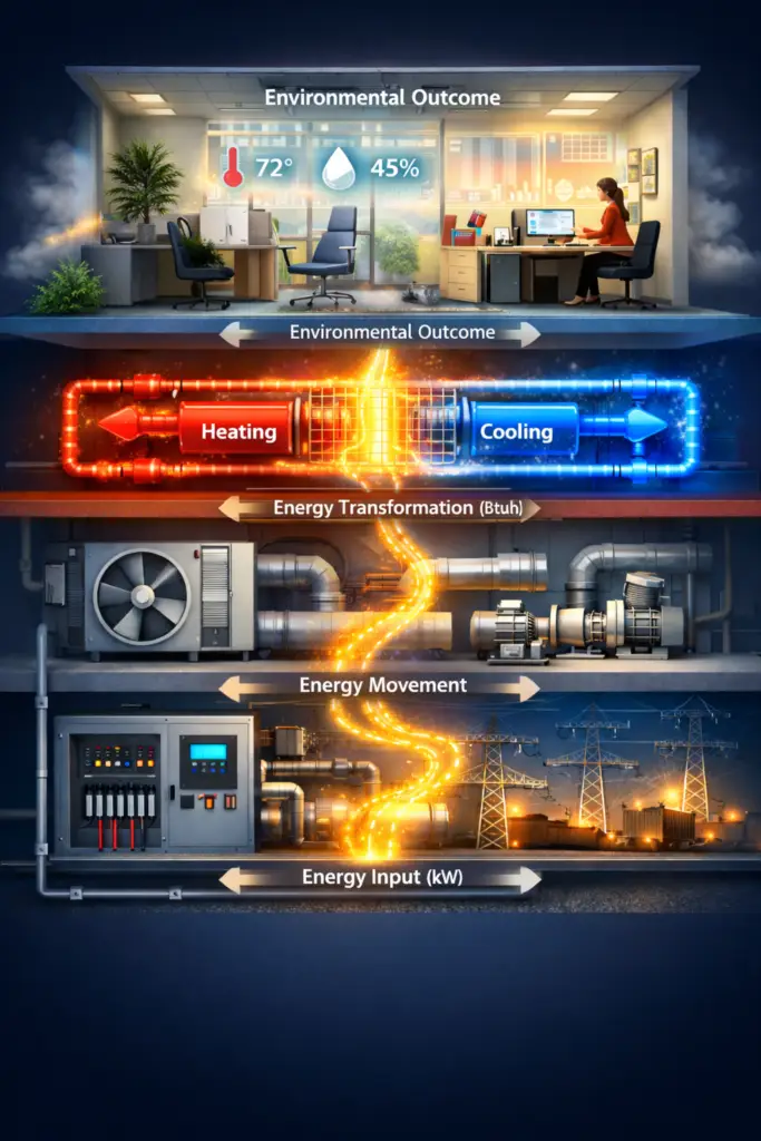 Energy flow in a building system showing electrical input, mechanical movement, thermal transformation, and environmental outcome as a continuous process