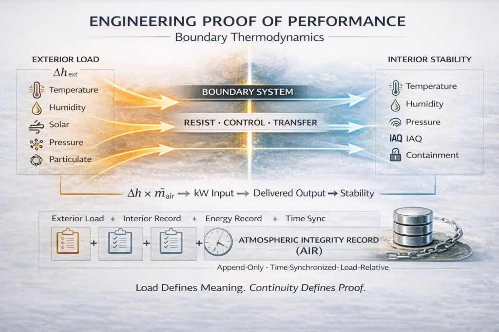 Schematic diagram illustrating proof of performance in boundary thermodynamics, showing exterior load, boundary system response, energy input, interior stability, and Atmospheric Integrity Record (AIR) framework.