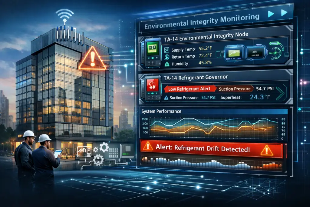 Illustration of a modern automated building using environmental monitoring to detect HVAC refrigerant drift through a TA-14 Environmental Integrity Node and TA-14 Refrigerant Governor dashboard.