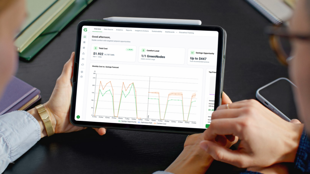Greenole dashboard displaying building performance and operational analytics on a tablet.