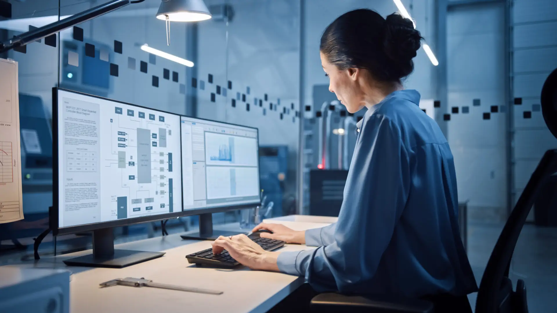 Side view of a woman working on a dual-monitor desktop computer in a modern, dimly lit tech office. She is typing on a keyboard while analyzing complex technical schematics and block diagrams displayed on her screens.