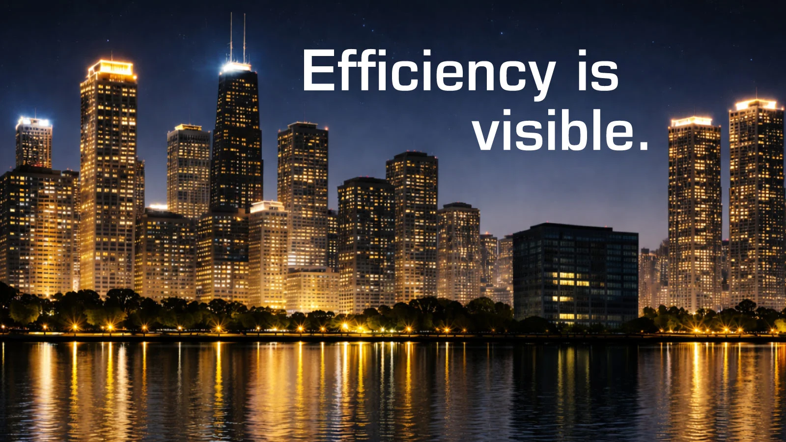 Illuminated city buildings at night illustrate the business value of energy-efficient green buildings.