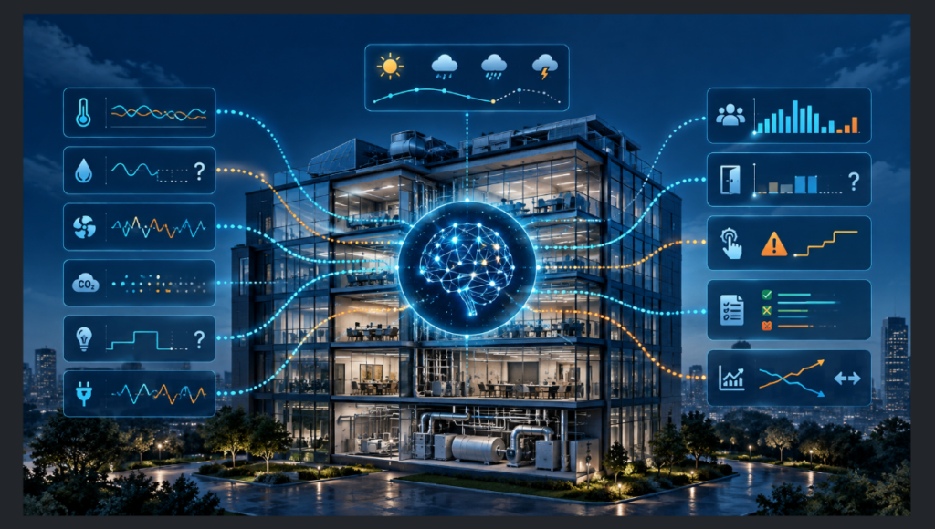 AI building automation system analyzing conflicting sensor, occupancy, weather and equipment data in a commercial building