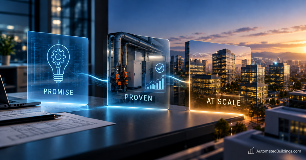 Promising, Proven, Proven at Scale: AutomatedBuildings.com Editorial Board graphic for the Proof Over Promise series